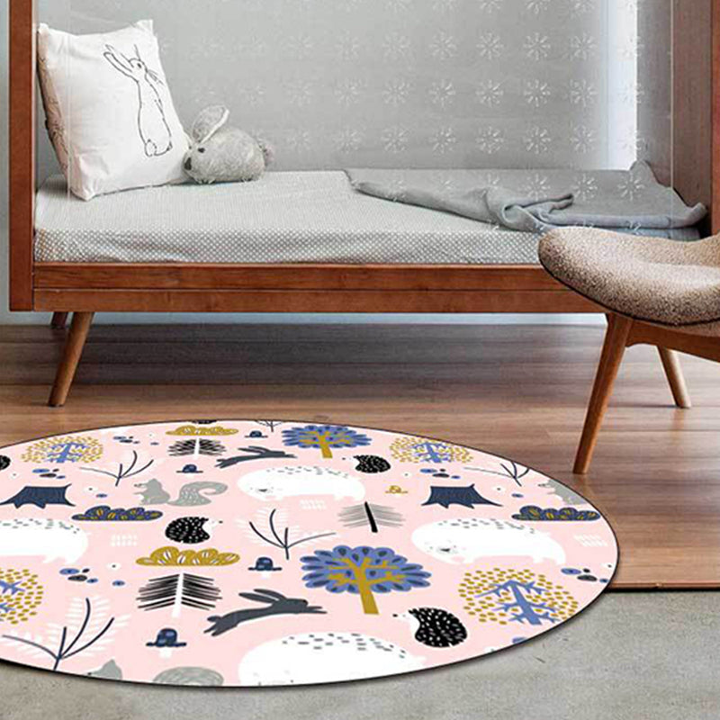 BowLift | Children's room rug in Pink Animal Rabbit Hedgehog Bear Print Rug Polyester Non-slip Washable Rug Area