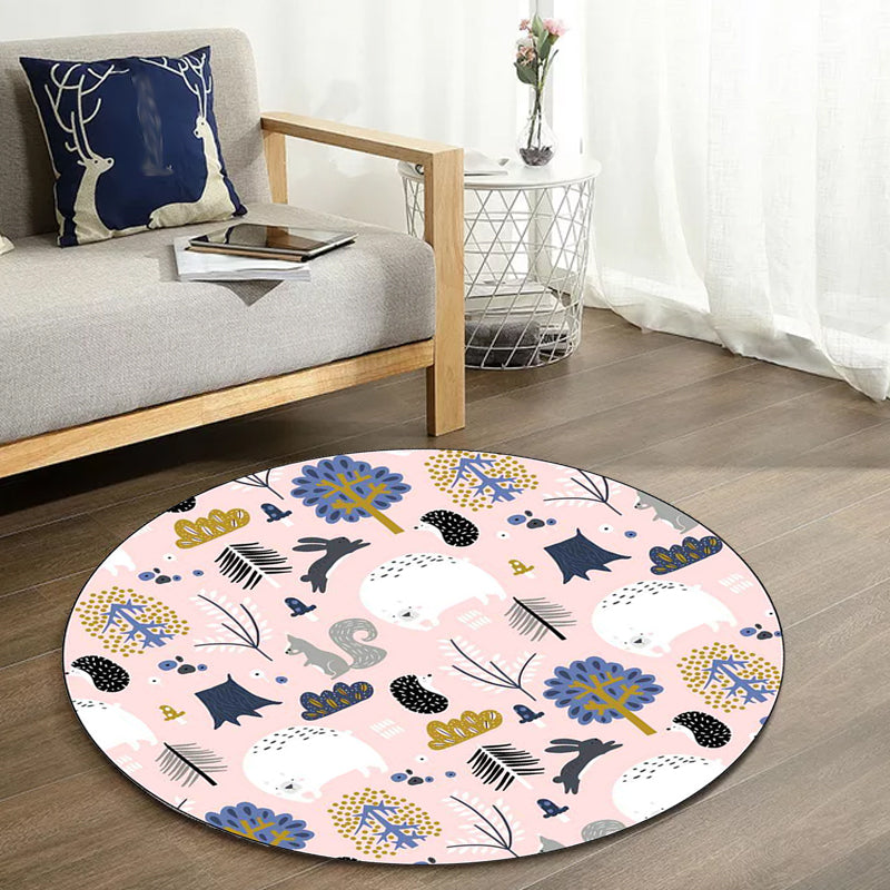 BowLift | Children's room rug in Pink Animal Rabbit Hedgehog Bear Print Rug Polyester Non-slip Washable Rug Area