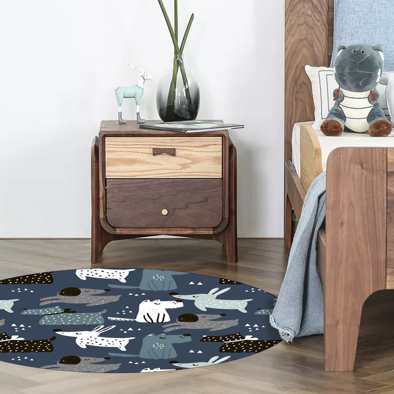 BowLift | Casual Kids Carpet in Blue Animal Rabbit Dog Pattern Carpet Polyester Stain Resistant Washable Carpet for the Children's Room