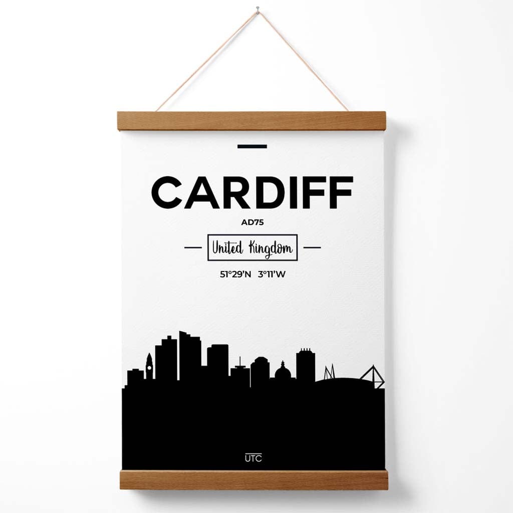 Cardiff Black-White City Skyline Poster with Hanger | Bowlift