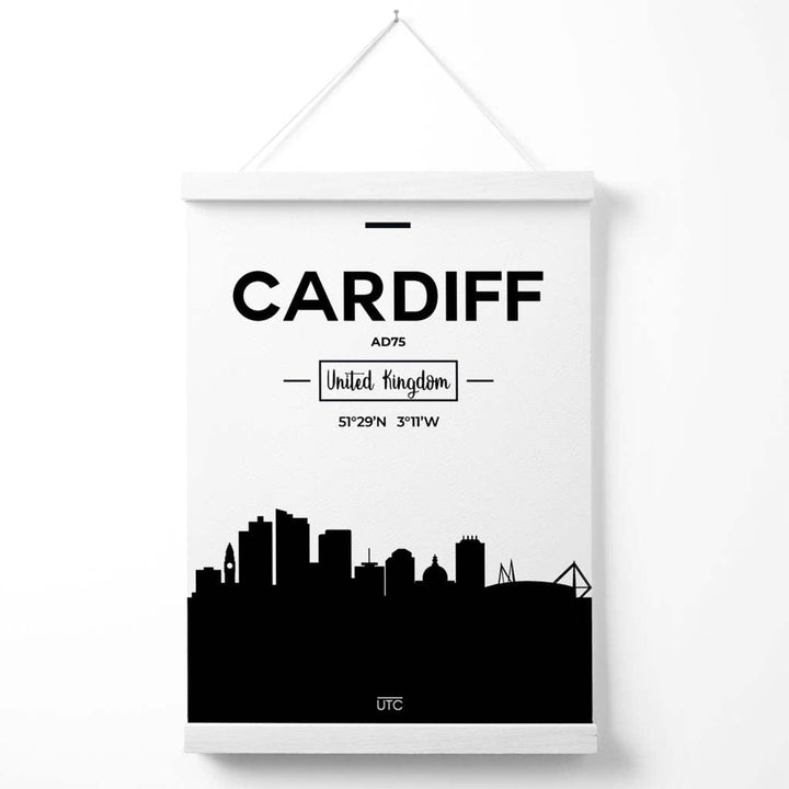 Cardiff Black-White City Skyline Poster with Hanger | Bowlift