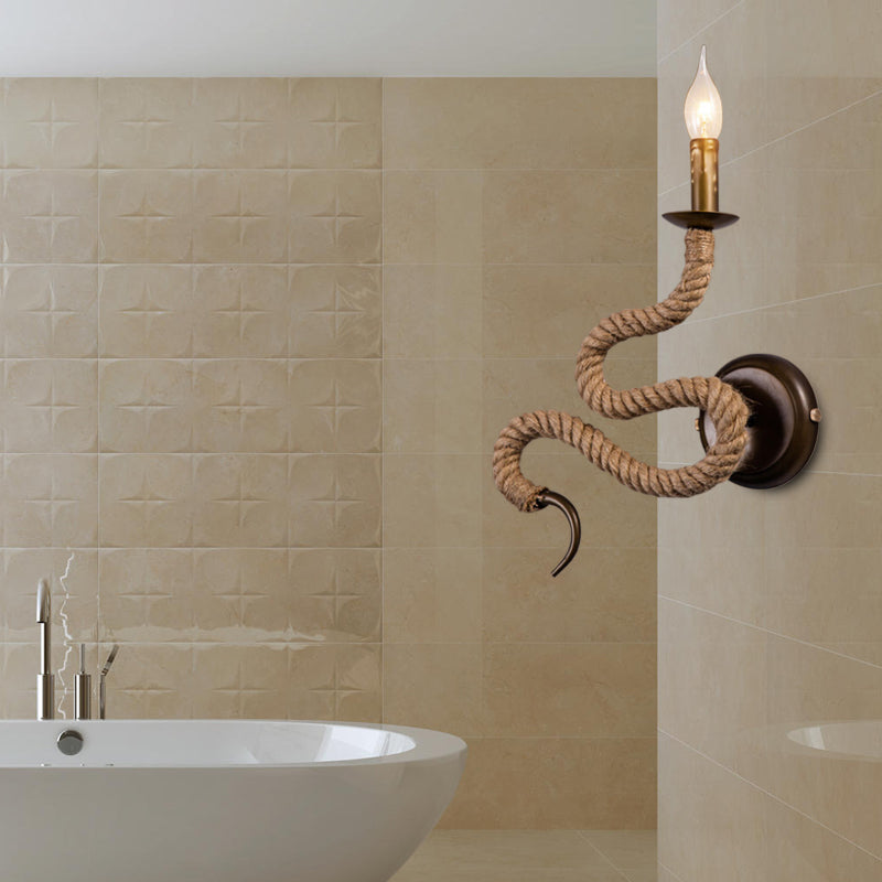 BowLift | Candle Holder Ropestone Wall Lamp with Curved Design Vintage 1 Light Bedroom Wall Mounted Lamp in Bronze