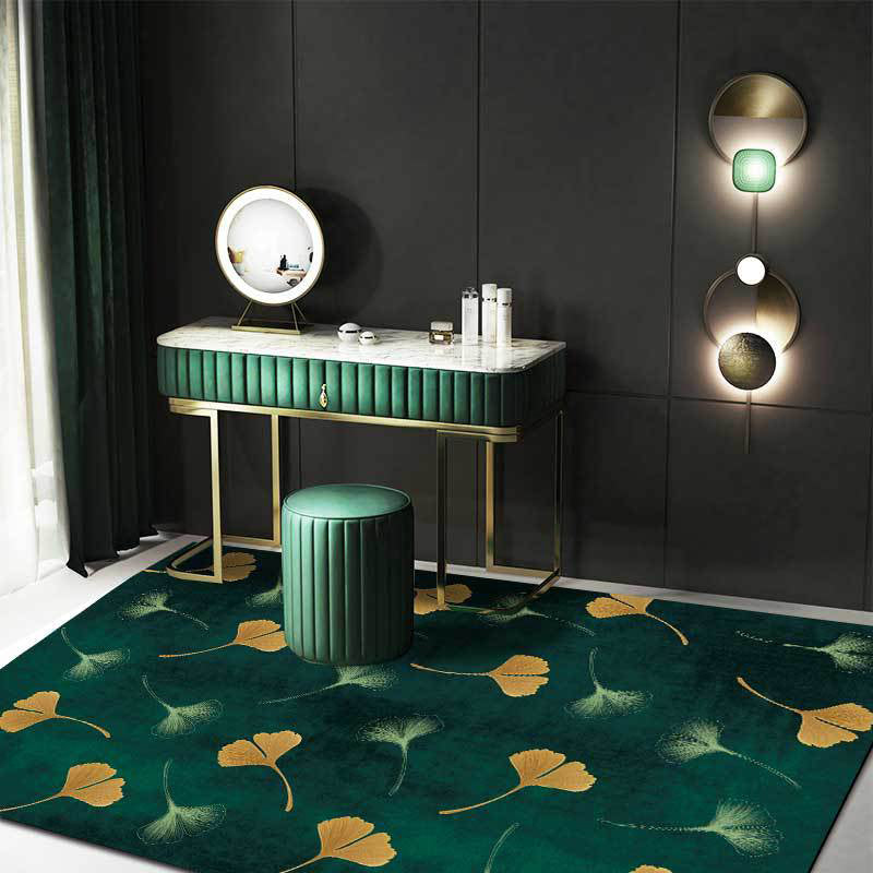 Casual apricot leaf patterned rug Green Polyester rug Machine washable Non-slip rug for the living room | Bowlift
