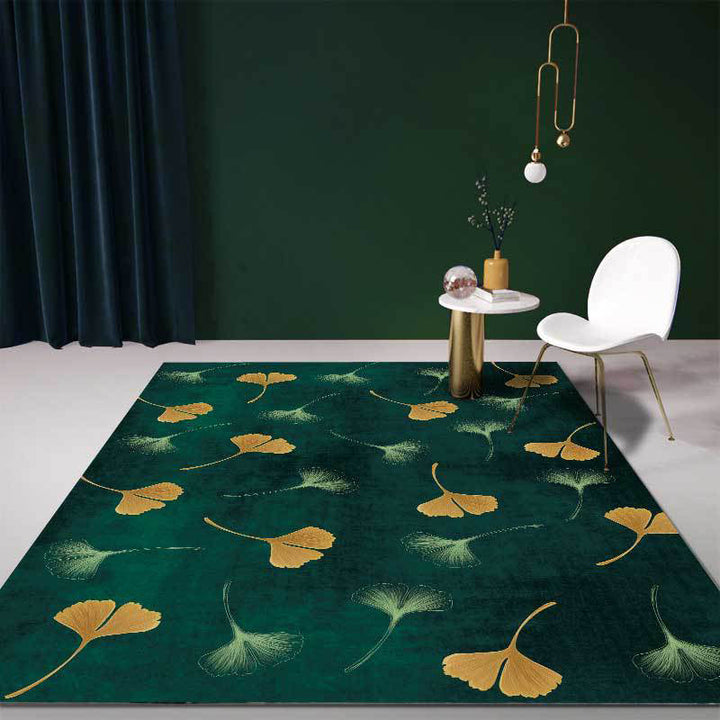 Casual apricot leaf patterned rug Green Polyester rug Machine washable Non-slip rug for the living room | Bowlift