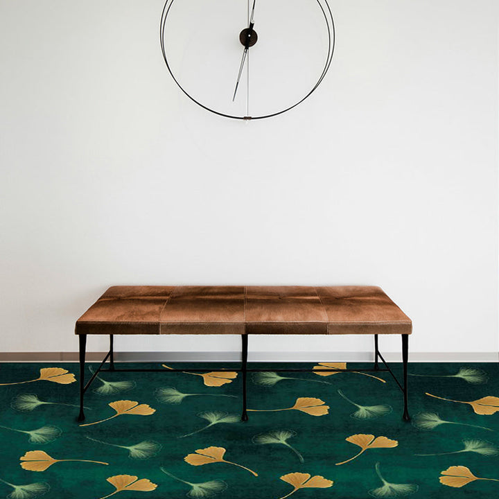 Casual apricot leaf patterned rug Green Polyester rug Machine washable Non-slip rug for the living room | Bowlift