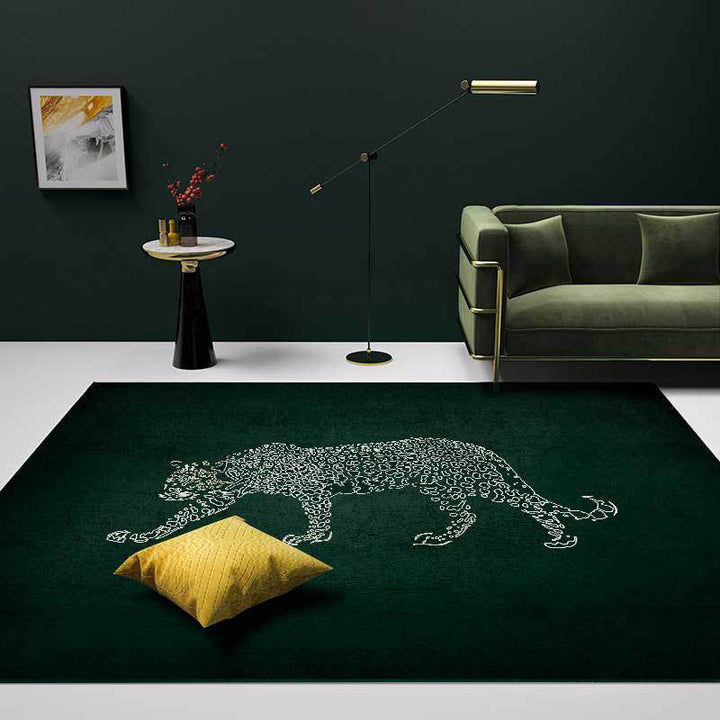 Dark green casual rug polyester leopard pattern rug washable non-slip backing rug for the living room | Bowlift