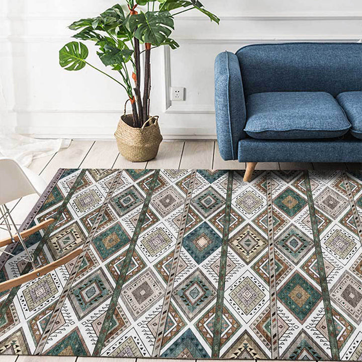 BowLift | Persian Azulejos Print Rug Green Polyester Rug Machine Washable Non-Slip Rug for Living Room
