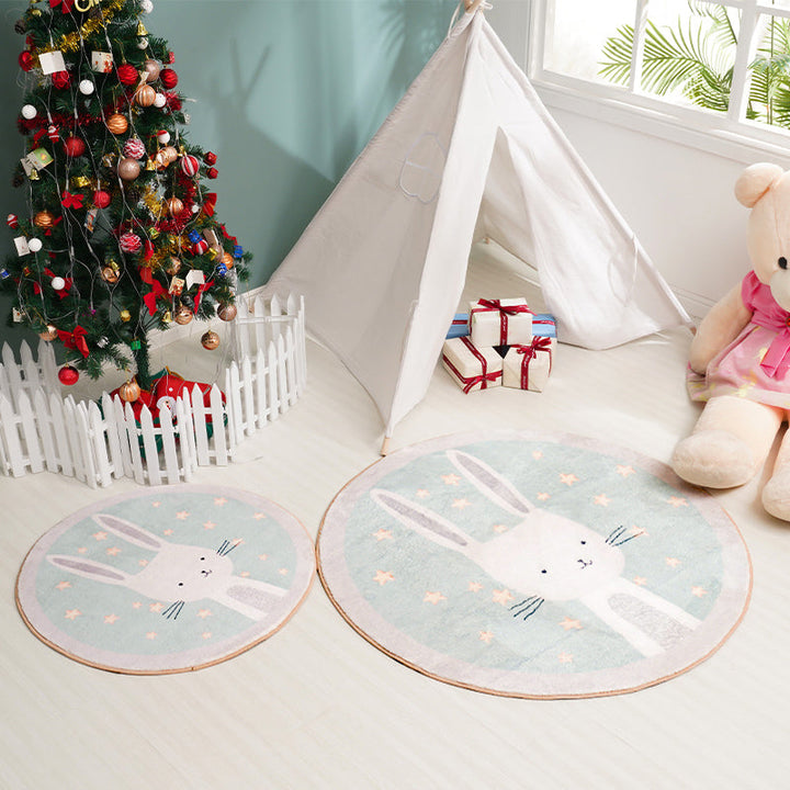 BowLift | Kids Cartoon Bunny Pattern Rug Green Polyester Rug Washable Non-Slip Back Rug for Home Decor