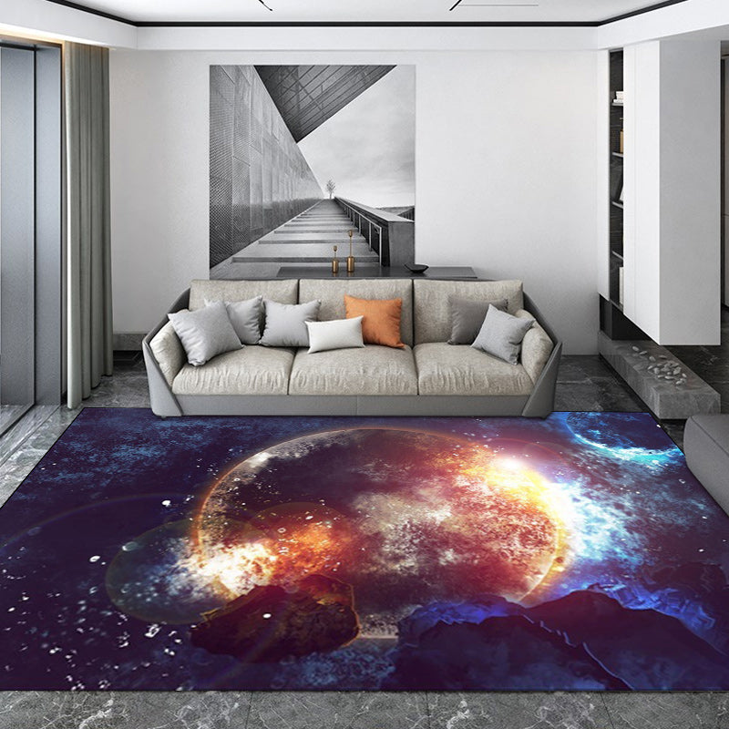 Blue Bedroom Rug Modern Space Planet Pattern Rug Polyester Stain Resistant Washable Rug | Bowlift