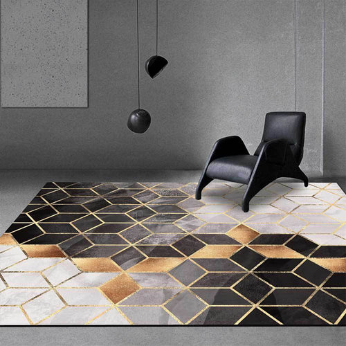 Contemporary geometric patterned carpet black and gray polyester rug machine washable non-slip rug for the living room | Bowlift