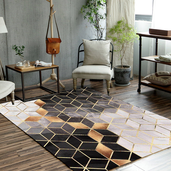 Contemporary geometric patterned carpet black and gray polyester rug machine washable non-slip rug for the living room | Bowlift