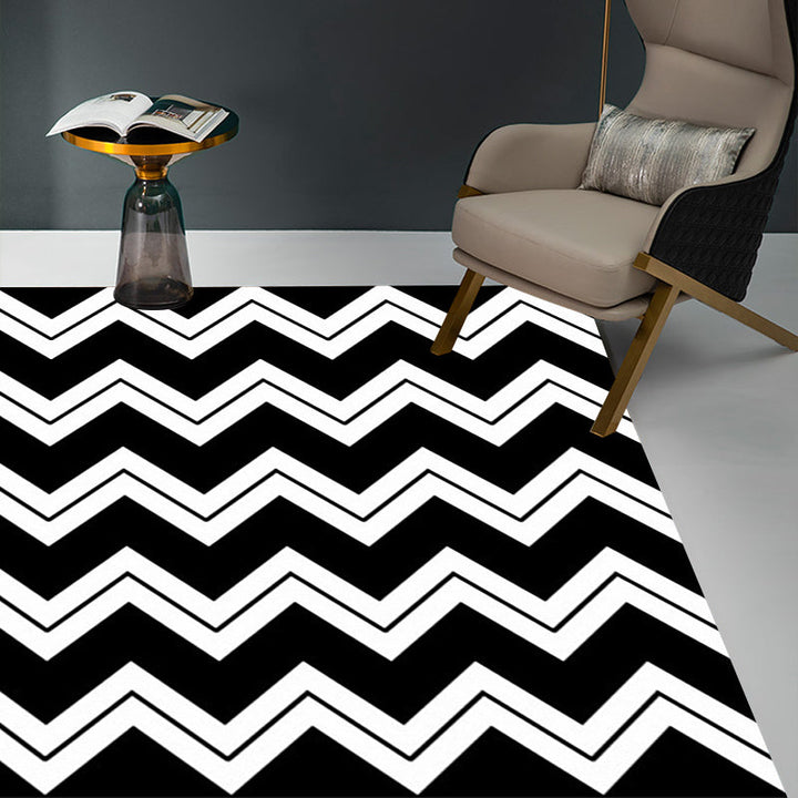 Black and white novelty rug polyester chevron pattern rug washable non-slip backing rug for living room | Bowlift