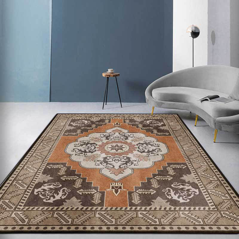 BowLift | Brown Persian carpet polyester medallion and floral pattern carpet washable non-slip backing carpet for the living room