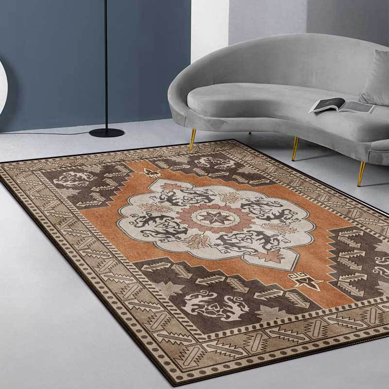 BowLift | Brown Persian carpet polyester medallion and floral pattern carpet washable non-slip backing carpet for the living room