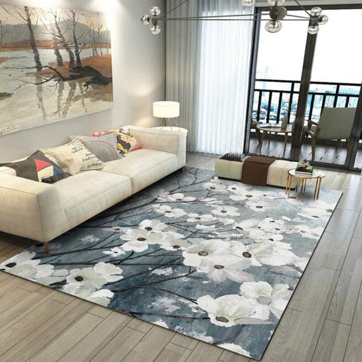 BowLift | Traditional floral pattern rug white and gray oriental rug polyester washable non-slip backing rug for living room