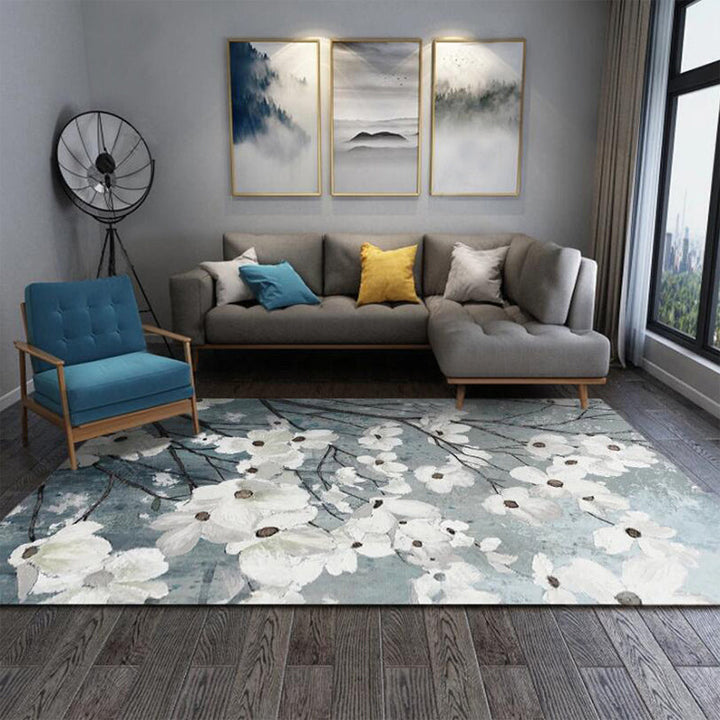 BowLift | Traditional floral pattern rug white and gray oriental rug polyester washable non-slip backing rug for living room
