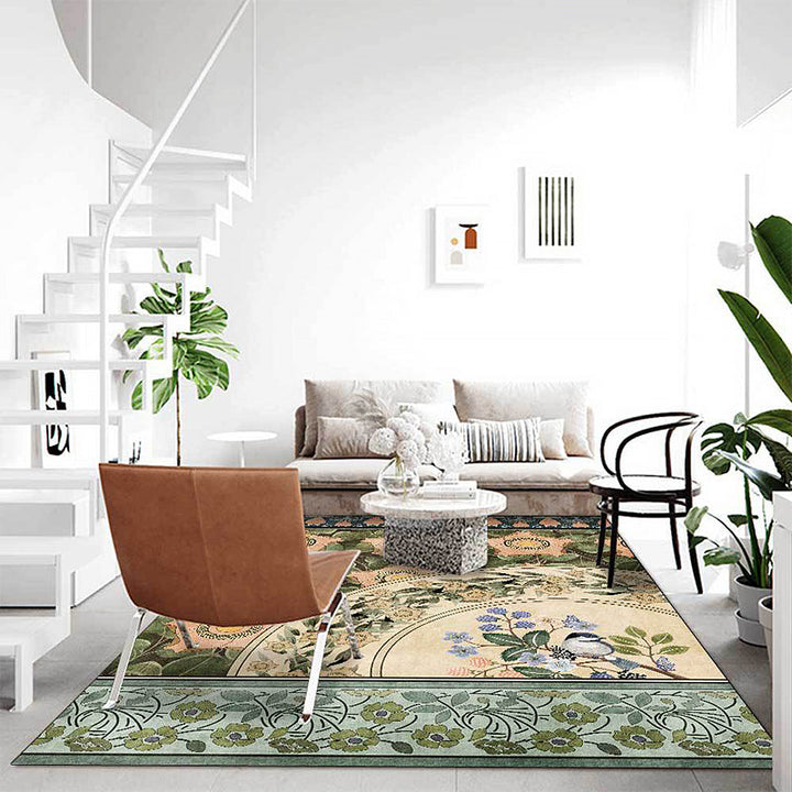 BowLift | Green Oriental Carpet Polyester Flower and Bird Pattern Carpet Washable Non-Slip Backing Carpet for Bedroom