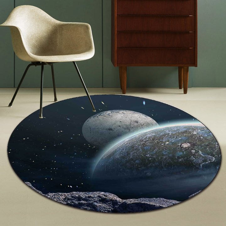 Modern living room rug in blue and black with planet print of outer space Rug polyester pet-friendly machine washable rug | Bowlift