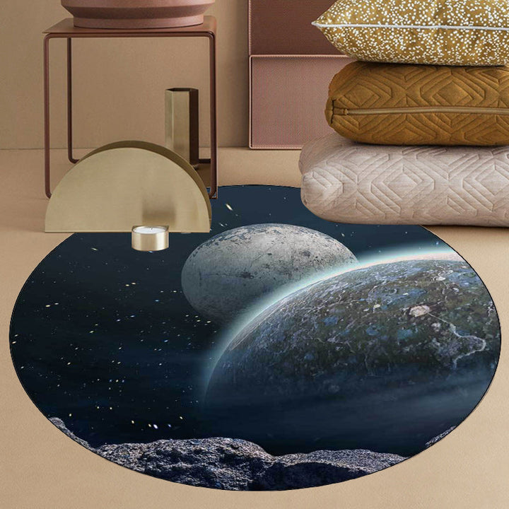 Modern living room rug in blue and black with planet print of outer space Rug polyester pet-friendly machine washable rug | Bowlift