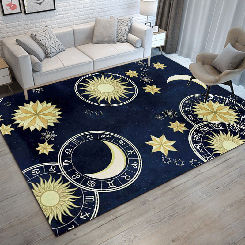 Blue Bedroom Rug Modern Space Sun Moon Pattern Rug Polyester Non-Slip Mat Rug | Bowlift