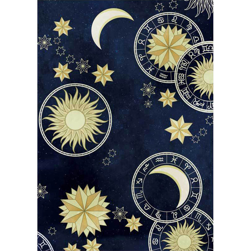 Blue Bedroom Rug Modern Space Sun Moon Pattern Rug Polyester Non-Slip Mat Rug | Bowlift