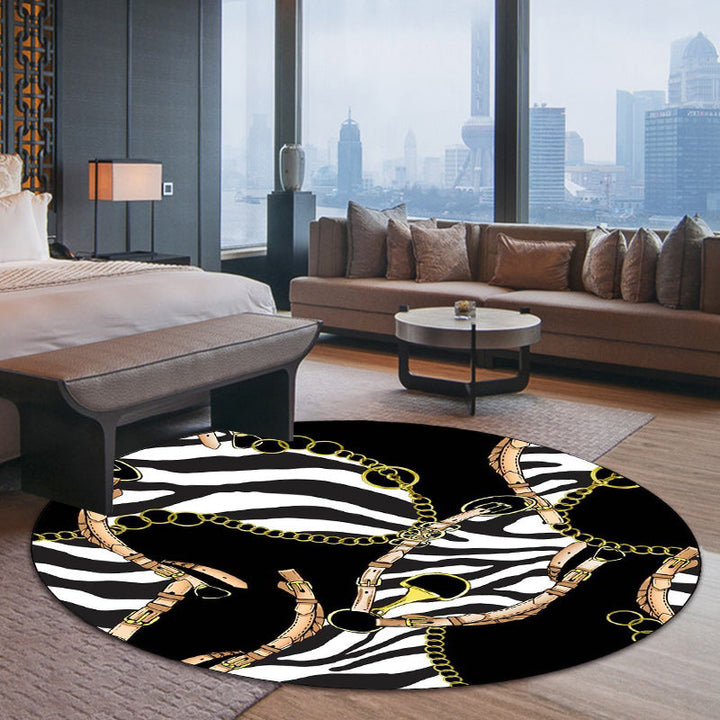 Modern living room rug in black zebra stripe belt chain print rug polyester washable non-slip rug | Bowlift