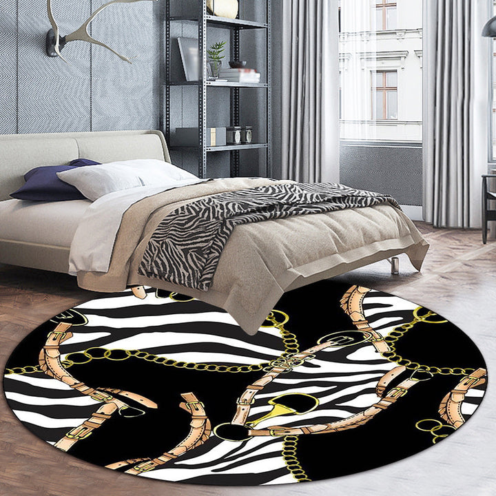 Modern living room rug in black zebra stripe belt chain print rug polyester washable non-slip rug | Bowlift