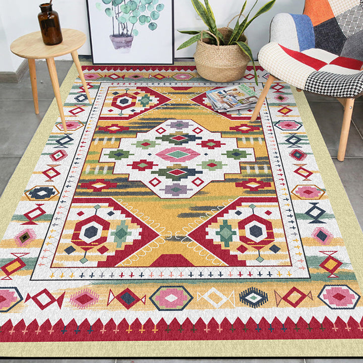 BowLift | Yellow Tribal Carpet Polyester Medallion Pattern Carpet Washable Non-slip Back Carpet for Living Room