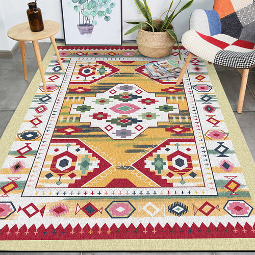 BowLift | Yellow Tribal Carpet Polyester Medallion Pattern Carpet Washable Non-slip Back Carpet for Living Room