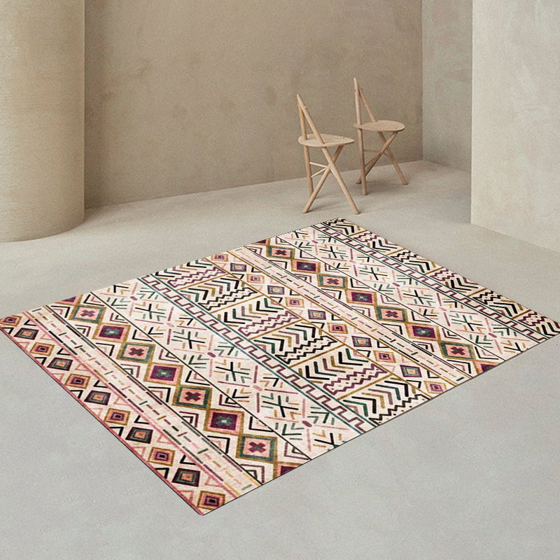 BowLift | Beige Tribal Rug Polyester Geometric and Striped Pattern Rug Washable Non-Slip Back Rug for Living Room