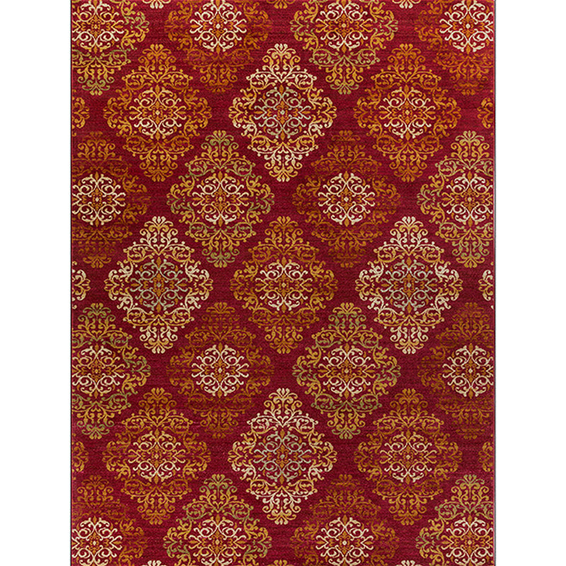 BowLift | Persian checkered printed carpet with floral red polyester machine washable non-slip carpet for living room