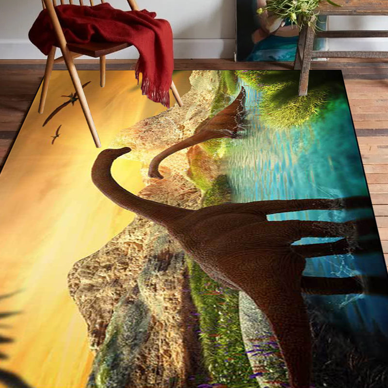 Contemporary Dinosaur Pattern Rug Yellow and Blue Polyester Rug Machine Washable Non-Slip Rug for the Bedroom | Bowlift
