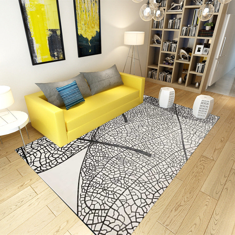 Unique leaf pattern rug gray and black Nordic rug polyester washable non-slip backing area rug for living room | Bowlift