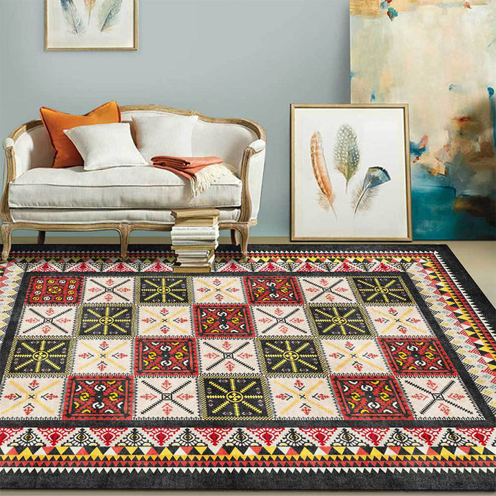 Tribal Azulejos Pattern Carpet Red and Green Mediterranean Carpet Polyester Machine Washable Non-Slip Carpet for the Bedroom | Bowlift