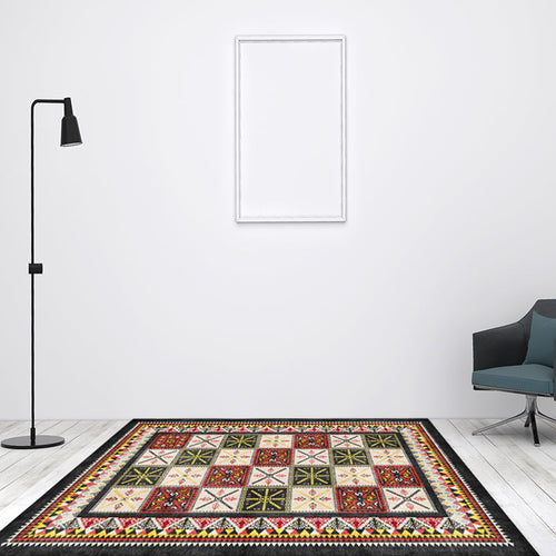 Tribal Azulejos Pattern Carpet Red and Green Mediterranean Carpet Polyester Machine Washable Non-Slip Carpet for the Bedroom | Bowlift