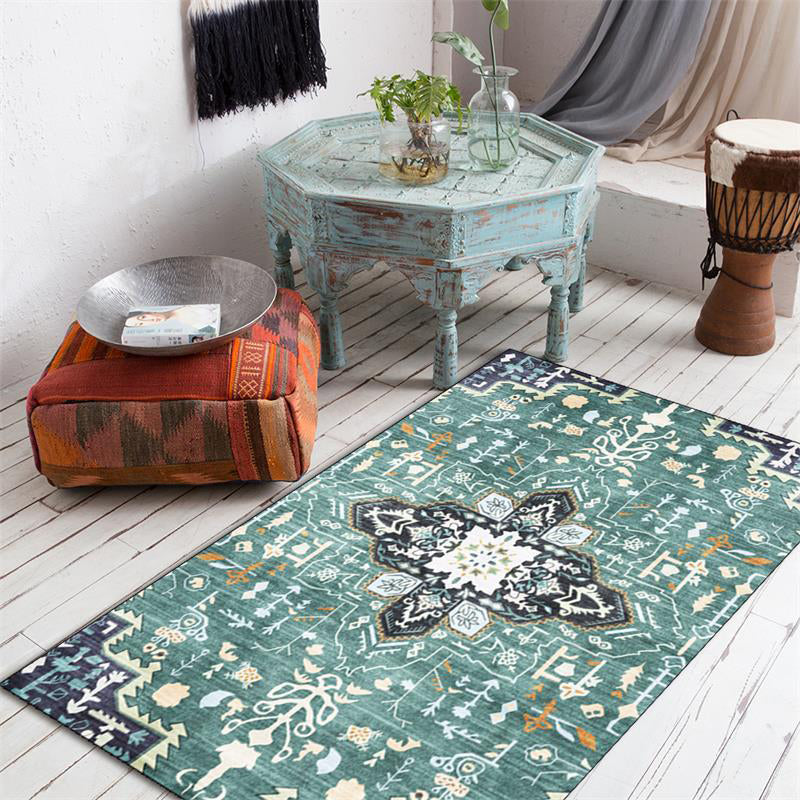 Green Persian Carpet Polyester Medallion Print Carpet washable non-slip back carpet for the living room | Bowlift