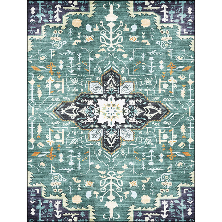 Green Persian Carpet Polyester Medallion Print Carpet washable non-slip back carpet for the living room | Bowlift