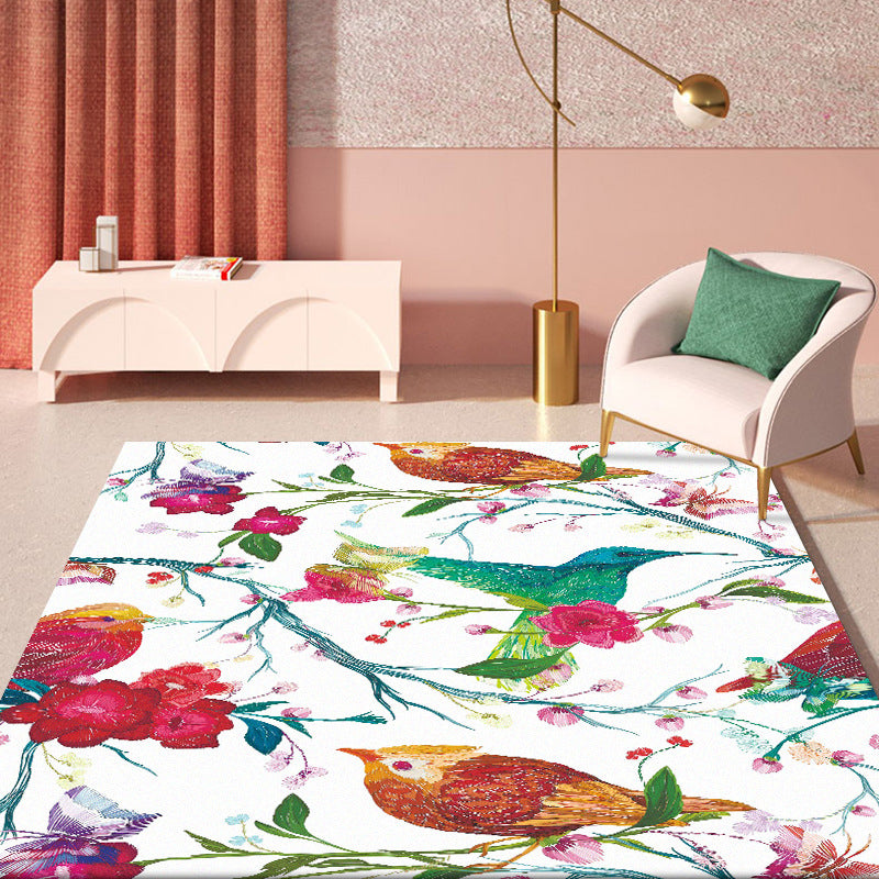 BowLift | Retro Bird Pattern Carpet with Flower and Leaf White Oriental Carpet Polyester Washable Non-Slip Back Floor Rug for Bedroom