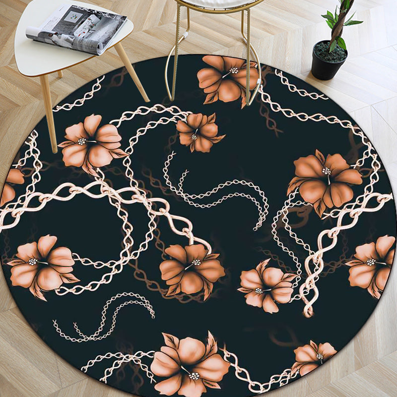 Nordic Modern Rug in black floral chain pattern Rug Polyester stain-resistant washable Rug for home decor | Bowlift