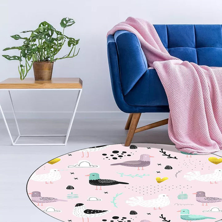 BowLift | Kids Bedroom Rug in Pink Animal Bird Leaf Pattern Rug Polyester Washable Non-Slip Rug
