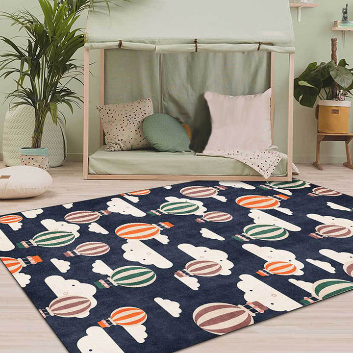 BowLift | Blue Children's Room Rug Children's Fairy Tale Hot Air Balloon Cloud Pattern Rug Polyester Machine Washable Rug