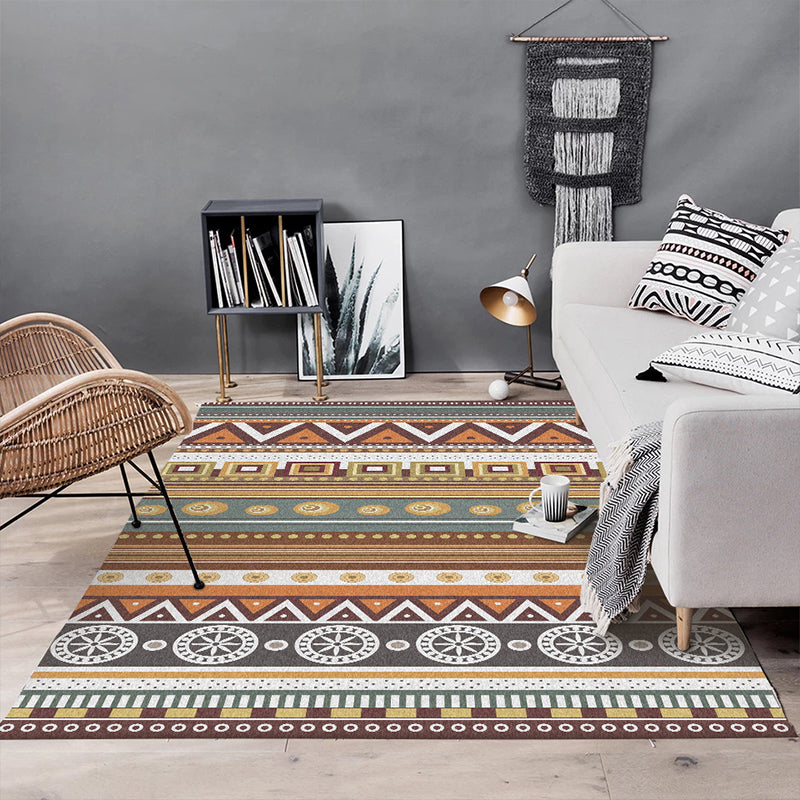 BowLift | Brown Tribal Rug Polyester Geometric and Striped Pattern Rug Washable Non-Slip Back Rug for Living Room