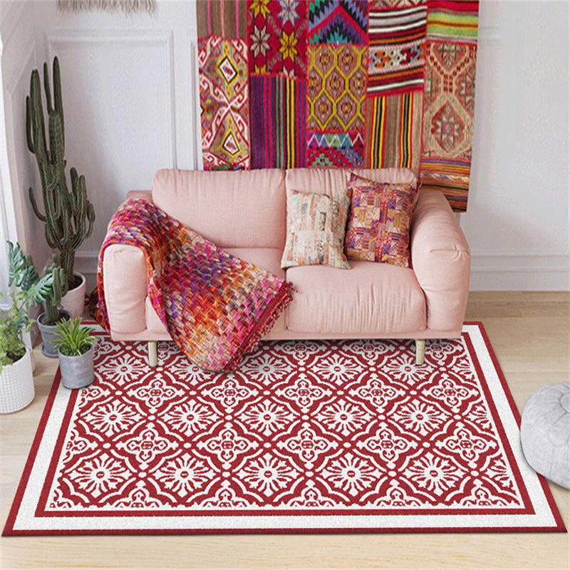 Red Persian Carpet Polyester Flower Design Carpet Washable Non-slip Back Carpet for Living Room | Bowlift