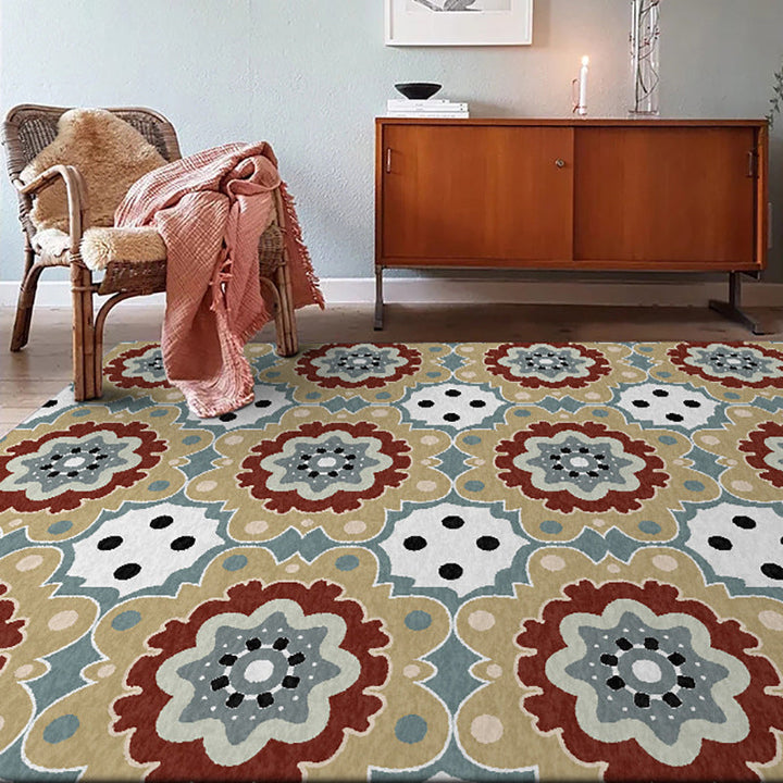 BowLift | Persian plaid rug with floral yellow polyester rug machine washable non-slip rug for the living room