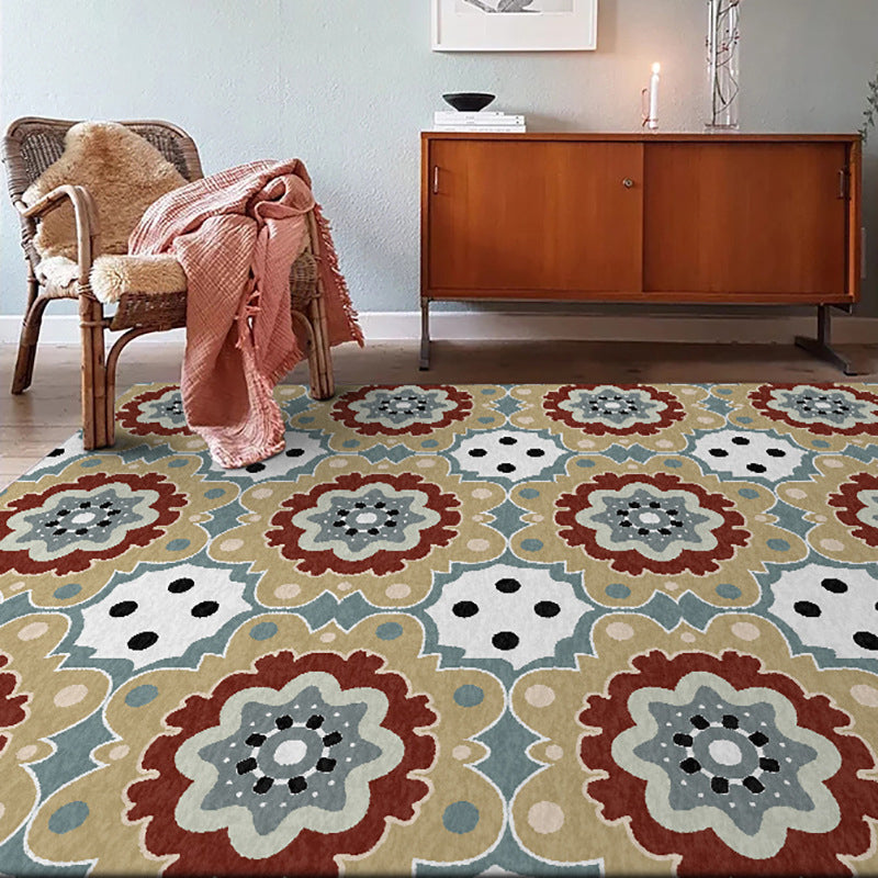 Persian checkered printed carpet with floral yellow polyester rug machine washable non-slip rug for the living room | Bowlift