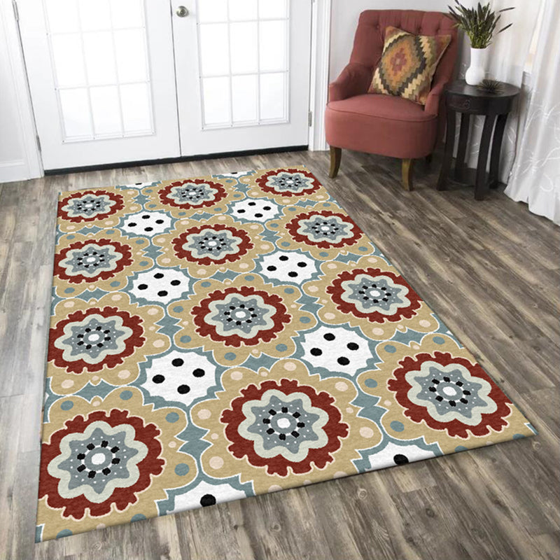 Persian checkered printed carpet with floral yellow polyester rug machine washable non-slip rug for the living room | Bowlift
