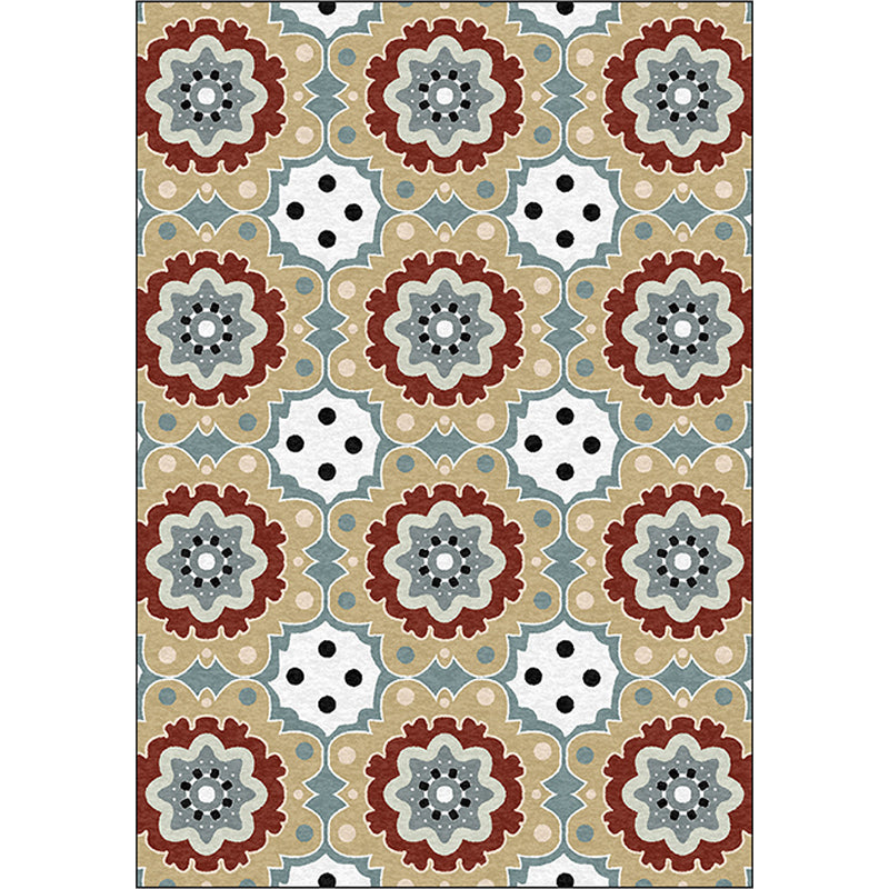 Persian checkered printed carpet with floral yellow polyester rug machine washable non-slip rug for the living room | Bowlift