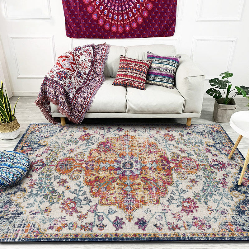 BowLift | Orange Moroccan Carpet Polyester Medallion Pattern Carpet Washable Non-Slip Base Carpet for Living Room