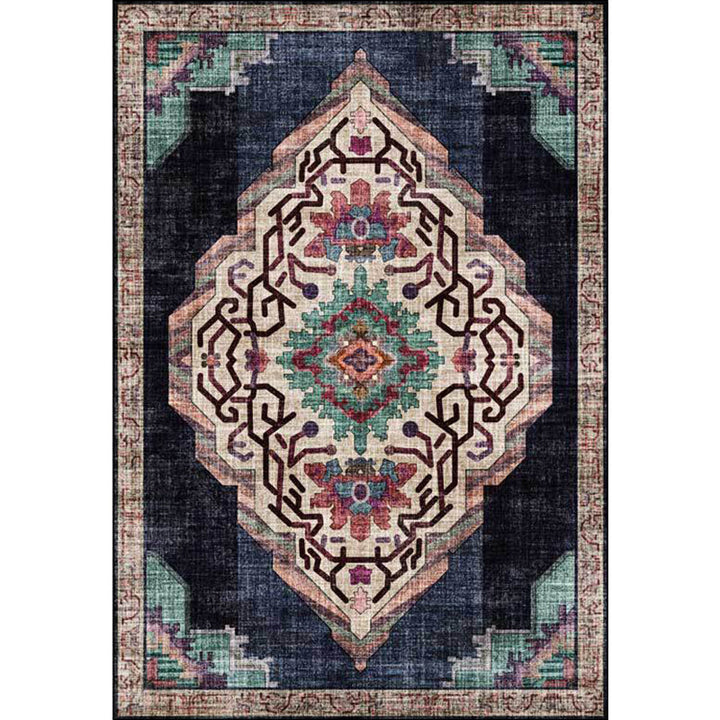 BowLift | Vintage Medallion Pattern Rug Black Polyester Rug Machine Washable Non-Slip Rug for the Living Room