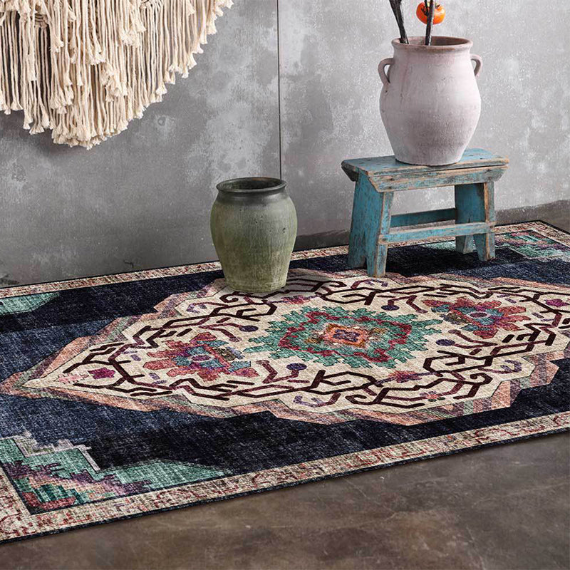 BowLift | Vintage Medallion Pattern Rug Black Polyester Rug Machine Washable Non-Slip Rug for the Living Room